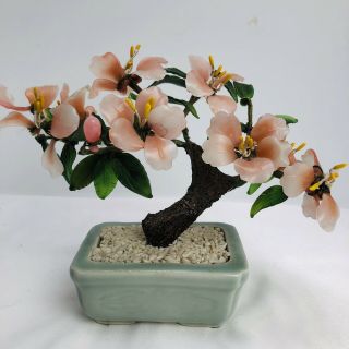 Vintage 6in Bonsai Glass Cherry Blossom Flower Jade Tree Made In Japan Celeron
