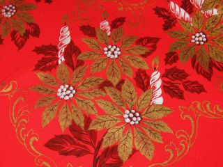 Vintage Bright Red Christmas Tablecloth Metallic Gold Poinsettias & Swirls 50x62