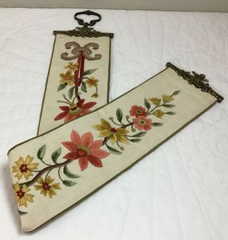 Vintage Needlepoint Embroidery Wall Hanging With Brass Tone Hangers,  Hand Made