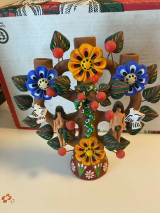 Vintage Mexican Folk Art Pottery Tree Of Life Candelabra Adam & Eve Hand Painted