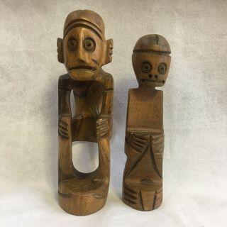 2 Hand Carved Wooden African Tribal Figure Statues 8.  5 " & 7 " Euc