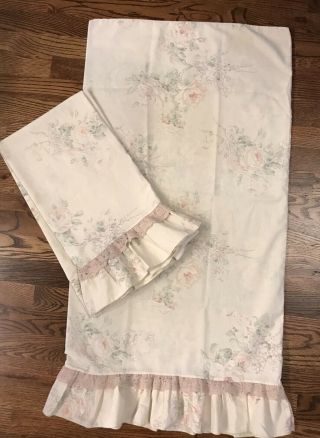 2 Vintage Perma Prest Percale Floral Ruffle Lace King Pillow Cases Pink Ivory