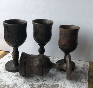 Soth Africa Set Of 4 Hand Carved Wood Wine Cups