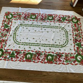 Vintage Christmas Rectangle Tablecloth Wreaths Trees Ribbons Holly 60x80”