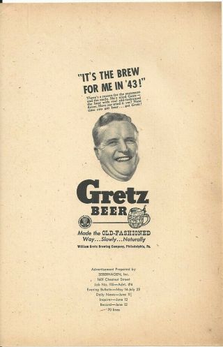 1943 Ad Proof - William Gretz Brewing Co.  - Philadelphia,  Pa - June 12