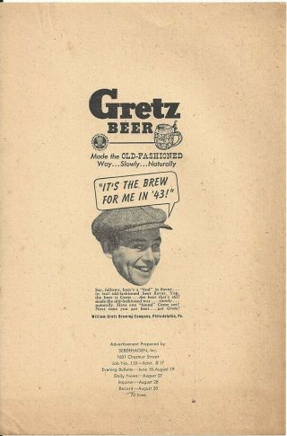 1943 Ad Proof - William Gretz Brewing Co.  - Philadelphia,  Pa - August 28