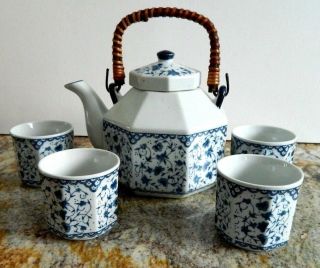 Japanese Tea Set - Teapot And 4 Cups White With Blue Floral Signed
