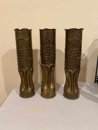 Ww1 Trench Art Hammered 75mm Artillery Shell Casing Vases - Set Of 3