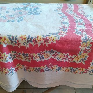 Vintage Tablecloth Red,  Yellow Pink Blue Floral Print Cotton From The 50 