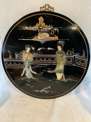 Vintage Asian Wall Art Round Black Lacquer Mother Of Pearl 14 " Diameter A852