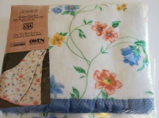 Nos Vtg 80s Floral Print Blanket Full/twin Owen Blue Coral Gold Jessica Acrylic