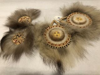 Vintage Alaskan Eskimo Inuit Hide & Fur Dance Fan Pair 22