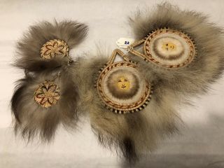 Vintage Alaskan Eskimo Inuit Hide & Fur Dance Fan Pair 22 2