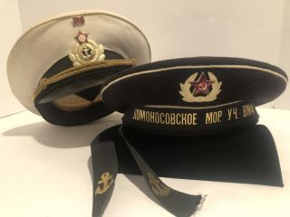 2 Vintage Russian Ussr Military Hats White Naval Captain Visor & Black Sailor 
