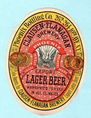 Vintage Clausen - Flanagan Beer Label Phoenix Bottling Co N.  Y.