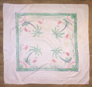 Vtg 50s Florida State Souvenir Tablecloth 47x46 Pink Flamingo Palm Tree Print