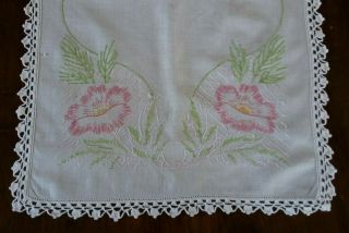 Vintage Embroidered Table Runner Dresser Scarf Pink Flowers White Edging Bonus