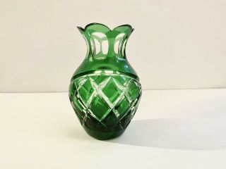 Vintage Hungary Emerald Green Cut To Clear 24 Lead Crystal Bud Vase 4 3/4  Tall
