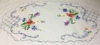 Vintage Table Runner Or Dresser Scarf,  Embroidered Flowers,  Scrolls,  Leaves