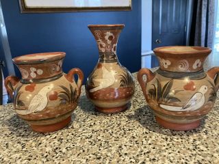 Vintage Tonala Folk Art Mexican Stoneware Pottery Vases 4 - 5.  5 "