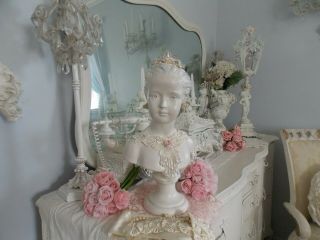 Shabby Vintage French Houdon Lady / Girl Statue Bust W/ Rhinestone Tiara Crown