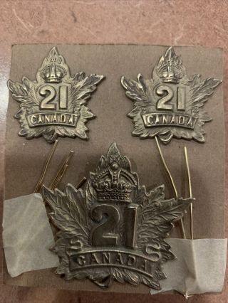 21st Battalion Canadian Expeditionary Force Cap Badge And Collar Dogs