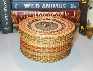 Vtg Hand Woven 6 " Sweetgrass Basket Natural Red Green Purple With Handle Lid