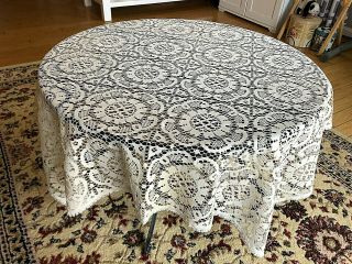 Vintage Cream Beige Off White Lace Tablecloth Topper Circular Floral Pattern
