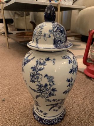 Vintage Asian Blue & White 13” Porcelain Ginger Jar Vase W Lid