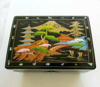 Vintage Black Lacquer Oriental Music Jewelry Box Peacock Pagota Fugi