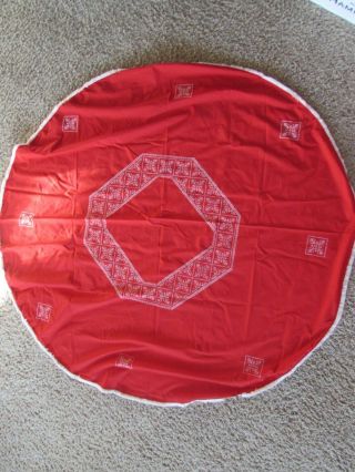 Vintage 60 " Round Hand Embroidered Cross Stitched Red Tablecloth W/white Trim