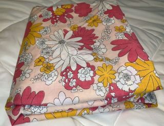 Vintage Canon Monticello Muslin Pink White Daisy Floral Full Flat Sheet 81 X 104