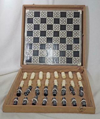 Vintage Mother Of Pearl Mop Egyptian Hand Carved Chess Set With 13x13 Case