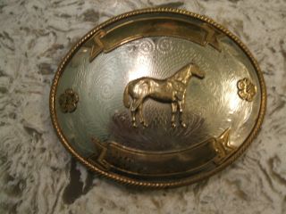 Vintage Tony Lama German Silver Trophy Style Western Belt Buckle Show Horse