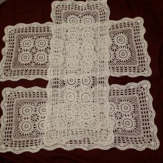 Knitted Crochet Lace Handmade Vintage Napkins/table Runner Set Of 3