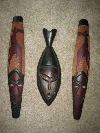 3 African Tribal Wooden Hand Carved Masks Ghana Horses Wall Art