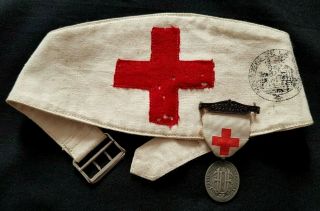 Ww1 Set French Red Cross Medal And Armband Army Nurse Stamp 1914 1918