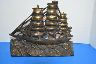 Vintage Large Cast Iron 3 Mast Sailing Ship Nautical Door Stop