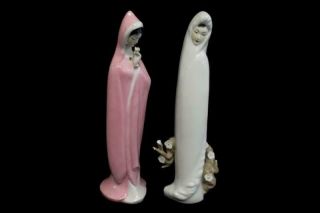 Set Of 2 Vintage Asian Porcelain Lady Figurines Tall Slender White Pink Blossoms