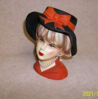 Vintage Lady Head Vase Rubens 4107 - Hat,  Pearl Necklace & Earrings - 6 " Beauty