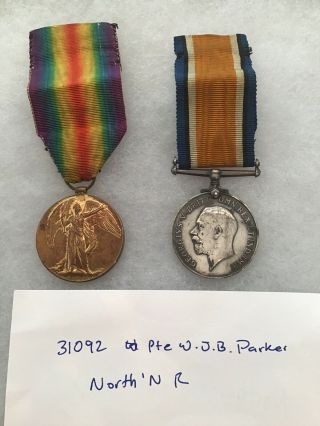 British War Medal Pair Pte W.  J.  B.  Parker Northamptonshire Regiment Ref 071