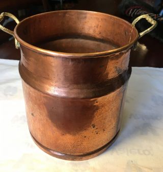 Antique / Vintage Copper Bucket Planter Pot With Brass Handles Handmade
