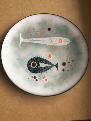 Vintage Elizabeth Madley Enamel Copper Plate 9” Fish And Bubbles.  Modernist.