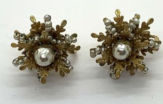 Stunning Vintage Signed Miriam Haskell Faux Seed Pearl Earrings Gold Gilt