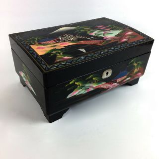 Vintage Japanese Music Jewelry Box Hand Painted Landscapes