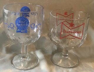 Vintage Beer Goblets Glasses Budweiser Pabst Blue Ribbon Set Of 2 Glass Goblet