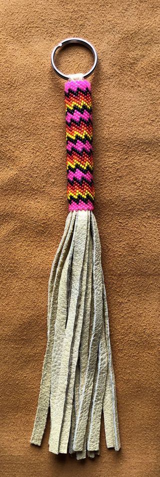 One Bright Long Fringe Native American Lakota Sioux Beaded Leather Keychain