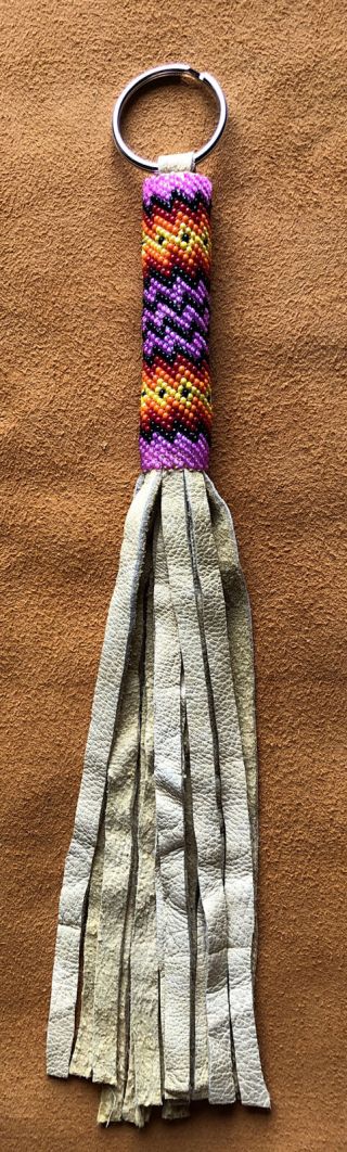 Bright Long Fringe Native American Lakota Sioux Beaded Leather Keychain