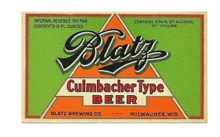 12oz Irtp Blatz Culmbacher Type Beer Label By Blatz Brew Co Milwaukee Wi