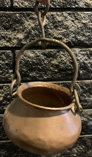 Antique Large 10.  5 " Primitive Copper Cooking Cauldron Pot Kettle W/ 8 " Mouth